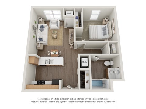 Floor plan for 1 bed, 1 bath, 710 sqft